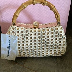 NWT Tommy Bahama Cream Woven Handbag with Bamboo Handle & gold chain